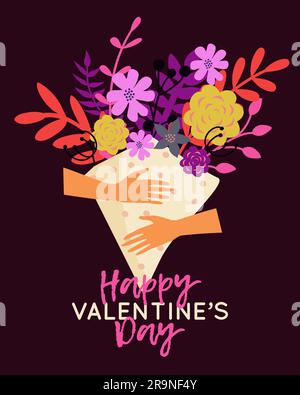 Illustrazione Vector Happy Valentine's Day con le mani che tengono un mazzo di fiori. Biglietti d'auguri, poster, volantini alla moda. Illustrazione Vettoriale