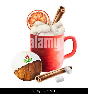 Tazza natalizia acquerello di bevanda calda con marshmallow, bastoncini di cannella, biscotti croccanti all'arancia e pan di zenzero con glassa. Dipinto a mano di rosso per l'anno nuovo Foto Stock