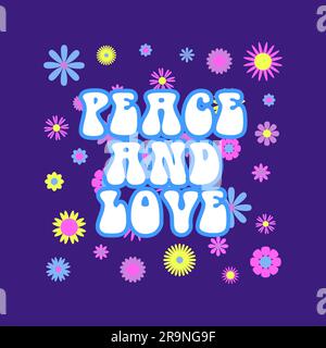 Divertente e divertente, astratto retrò anni '60, hippie groovy illustrazione degli anni '70 Peace and Love with Flowers per stampe, poster o cartoline Illustrazione Vettoriale
