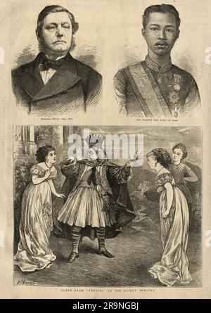 Illustrazione d'epoca, Scene from Thespis, opera comica di W. S. Gilbert e del compositore Arthur Sullivan, al Gaiety Theatre di Londra, anni '1870, Chulalongkorn King Piya the Great fu il quinto monarca del Siam sotto la Casa di Chakri, intitolato Rama V, Sir Edward Bates Foto Stock