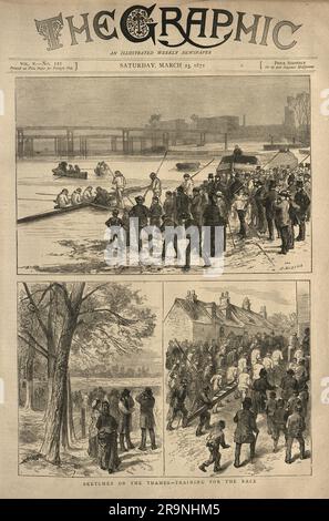 Prima pagina di un vecchio giornale vittoriano, Sketches on the Thames, Training for the University Boat Race, 1872, Victorian 19th Century Foto Stock