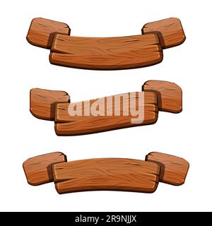 Set vettoriale con nastri in legno per cartoni animati per risorse di gioco, sviluppo ui. Banner GUI. Illustrazione Vettoriale