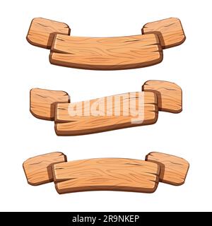 Set vettoriale con nastri in legno per cartoni animati per risorse di gioco, sviluppo ui. Banner GUI. Illustrazione Vettoriale
