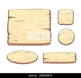 Set vettoriale con pulsanti in legno per cartoni animati per risorse di gioco, sviluppo dell'interfaccia utente. Elementi GUI. Illustrazione Vettoriale