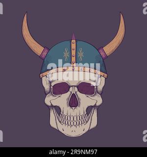 Illustrazione vettoriale con cranio umano che indossa un casco vichingo Illustrazione Vettoriale