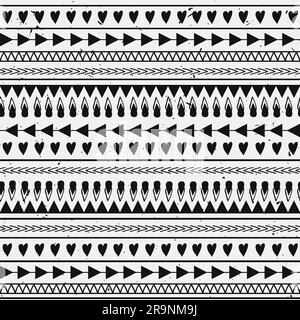 Pattern grunge vettoriale senza cuciture con cuori, linee, frecce Illustrazione Vettoriale