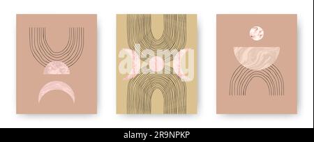 Set vettoriale con carte stampabili alla moda con boho di metà secolo in pietra e marmo con forme di luna, pianeti e linee. Astratto contemporaneo Illustrazione Vettoriale