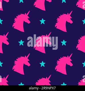 Motivo vettoriale senza cuciture con magiche silhouette a forma di unicorno e stelle. Design ispiratore per stampa, banner, poster, moda. Illustrazione Vettoriale