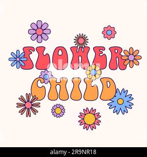 Divertente e divertente, astratto, anni '60, hippie groovy illustrazione anni '70, Fiore bambino con fiori per la stampa di fashion art, poster o cartolina Illustrazione Vettoriale