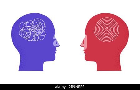 Illustrazione vettoriale con due teste umane con linea complicata e elemento arrotondato ordinato. Isolato su sfondo bianco. Concetto di soluzione probl Illustrazione Vettoriale