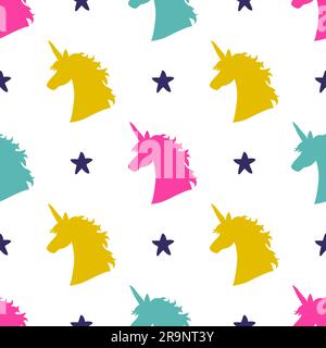 Motivo vettoriale senza cuciture con magiche silhouette a forma di unicorno e stelle. Design ispiratore per stampa, banner, poster, moda. Illustrazione Vettoriale