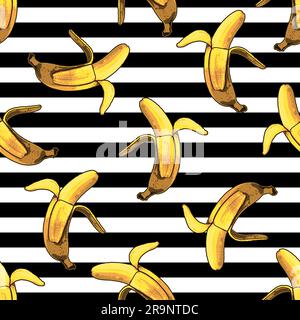 Motivo vettoriale a banana e a strisce senza cuciture. Moderna stampa tropicale Illustrazione Vettoriale