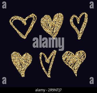 Set vettoriale con cuori d'oro astratti disegnati a mano. Decorazione per San Valentino, matrimonio Illustrazione Vettoriale