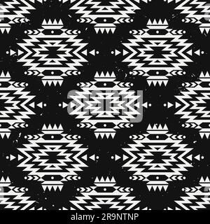 Motivo etnico decorativo monocromatico Vector grunge senza cuciture. Motivi indiani americani. Sfondo con ornamento tribale azteco. Illustrazione Vettoriale