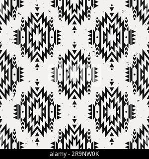 Motivo etnico decorativo monocromatico Vector grunge senza cuciture. Motivi indiani americani. Sfondo con ornamento tribale azteco. Illustrazione Vettoriale