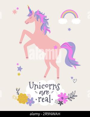 Simpatica illustrazione vettoriale di unicorno con fiori e arcobaleno. Un moderno biglietto d'auguri magico o un poster con unicorni sono una vera frase Illustrazione Vettoriale