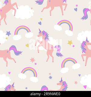 Motivo vettoriale senza cuciture con unicorni, arcobaleni e nuvole Illustrazione Vettoriale