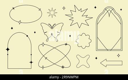 Set vettoriale di cornici estetiche minimalistiche lineari, bordi, forme geometriche con stelle in stile boho e bizzarro. Elementi rettangolari ad arco per S Illustrazione Vettoriale