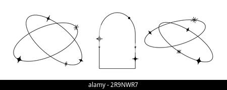 Insieme vettoriale di cornici estetiche minimalistiche lineari e bordi con stelle. Forme geometriche moderne rotonde, ovali e arcuate con scintille per i social media Illustrazione Vettoriale