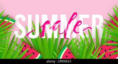 Banner Vector Summer sale trendy. Sfondo moderno e colorato con foglie di palma tropicali e fette di anguria Illustrazione Vettoriale