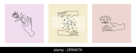 Set vettoriale di loghi per le mani femminili, icone in stile minimale lineare. Modelli di design emblema con gesti della mano, rosa, cristalli e loto per cosmetici, ma Illustrazione Vettoriale