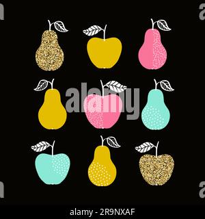 Set vettoriale con mele e pere in glitter oro e colori tenui. Design scandinavo alla moda per biglietti d'auguri, poster e stampe di moda. Illustrazione Vettoriale