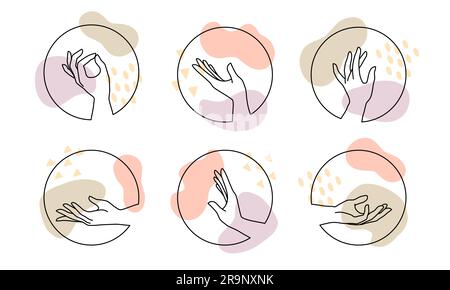 Set vettoriale di loghi per le mani femminili in stile minimale lineare. Modelli di design emblema con diversi gesti della mano. Per cosmetici, bellezza, tatuaggio, spa, uomo Illustrazione Vettoriale