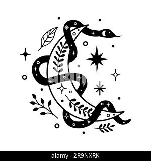 Illustrazione magica astratta vettoriale con serpente celeste, luna, stelle e fiori isolati su sfondo bianco. Simbolo esoterico serpente boho per Illustrazione Vettoriale