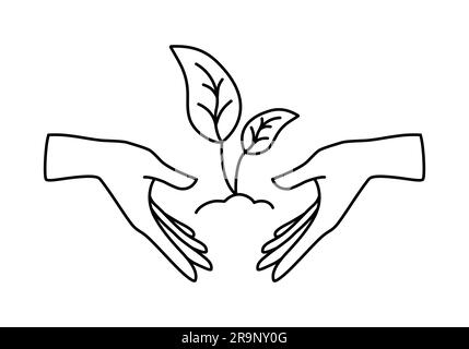 Icona vettoriale lineare - mano umana che tiene in mano la pianta in crescita isolata su sfondo bianco. Emblema concettuale o logo disegno di ecologia, protezione del mondo della natura, Illustrazione Vettoriale
