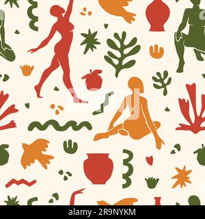 Motivo vettoriale senza cuciture con elementi estetici di tendenza ispirati allo stile moderno e minimalista. Forme geometriche, fiori, piante, figure femminili per Illustrazione Vettoriale