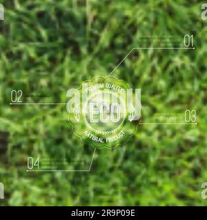 Illustrazione vettoriale ecologica sfocata con erba ed etichetta ecologica. Può essere utilizzato per la progettazione di siti Web e infografica. Illustrazione Vettoriale