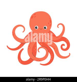 Carino polpo sorridente isolato su sfondo bianco. Illustrazione Vettoriale