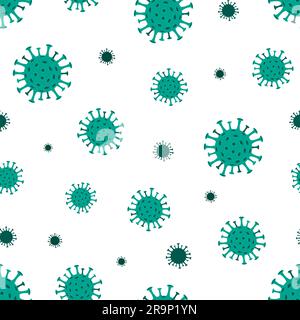 Pattern continuo del coronavirus vettoriale COVID-19. Illustrazione ripetitiva di virus verdi su sfondo scuro. Batteri organismi biologici, 2019-nCoV, pand Illustrazione Vettoriale