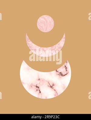 Illustrazione vettoriale di tendenza di carte stampabili con pietre boho di metà secolo e forme in marmo di luna e pianeti. Estetica contemporanea astratta Illustrazione Vettoriale
