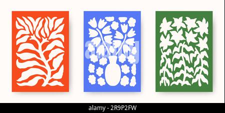 Set vettoriale di poster di fiori astratti. Arte botanica estetica minimalista alla moda con piante floreali, foglie in hippie e Matisse moder Illustrazione Vettoriale