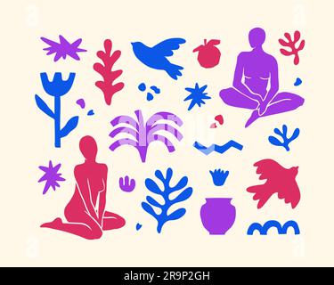 Set vettoriale con elementi estetici di tendenza ispirati al moderno stile minimalista Matisse. Forme geometriche, fiori, piante, figure femminili per prin Illustrazione Vettoriale