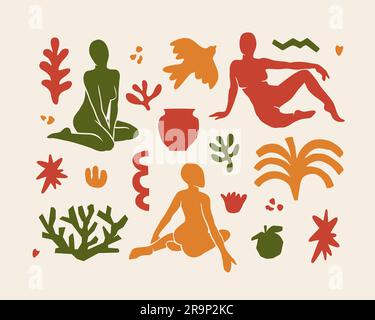 Set vettoriale con elementi estetici di tendenza ispirati al moderno stile minimalista Matisse. Forme geometriche, fiori, piante, figure femminili per prin Illustrazione Vettoriale