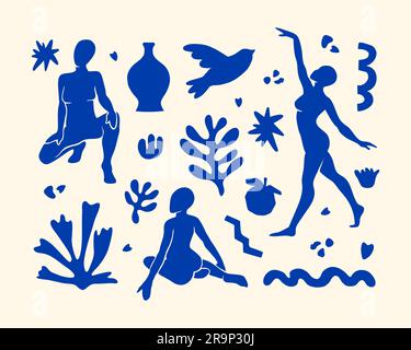 Set vettoriale con elementi estetici di tendenza ispirati al moderno stile minimalista Matisse. Forme geometriche, fiori, piante, figure femminili per prin Illustrazione Vettoriale