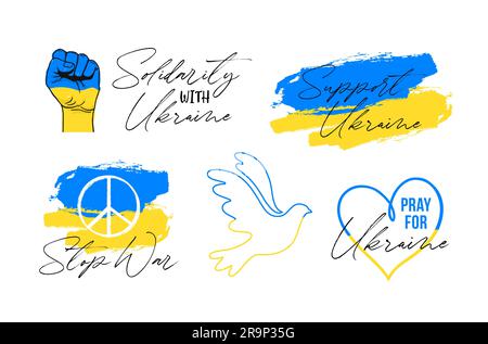 Set vettoriale con simboli ucraini, adesivi, icone, badge. Sostengo l'Ucraina, ferma la guerra, bandiera Ucraina, pace, prega per il concetto di Ucraina. Malato colorato Illustrazione Vettoriale
