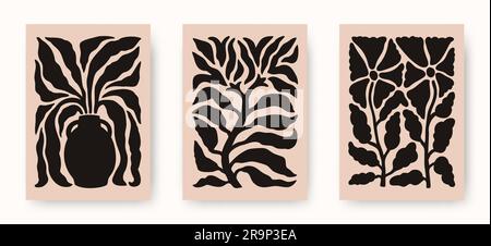 Set vettoriale di poster di fiori astratti. Arte botanica estetica minimalista alla moda con piante floreali, foglie in hippie e Matisse moder Illustrazione Vettoriale