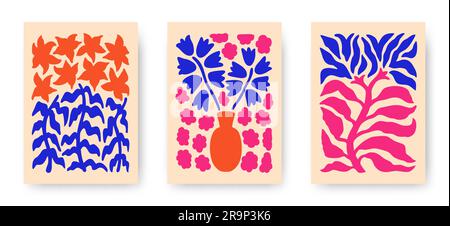 Set vettoriale di poster di fiori astratti. Arte botanica estetica minimalista alla moda con piante floreali, foglie in hippie e Matisse moder Illustrazione Vettoriale