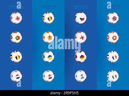 Bandiere di meno di 21 tornei europei di calcio 2023 ordinate per gruppo, bandiere nello stile di una palla da calcio. Raccolta vettoriale. Illustrazione Vettoriale