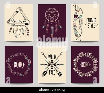 Set vettoriale di volantini etnici astratti con frecce, sognatore, cornici in piuma. Modelli per brochure di design boho. Sfondi tribali colorati e moderni. Illustrazione Vettoriale