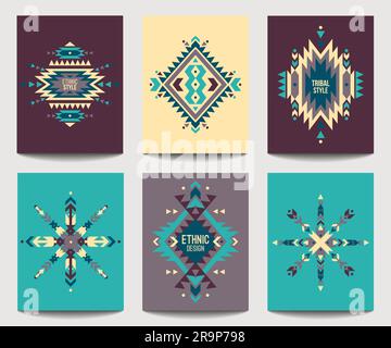 Set vettoriale di volantini colorati astratti geometrici. Modelli di brochure di design etnico. Sfondi tribali moderni in stile boho. Illustrazione Vettoriale