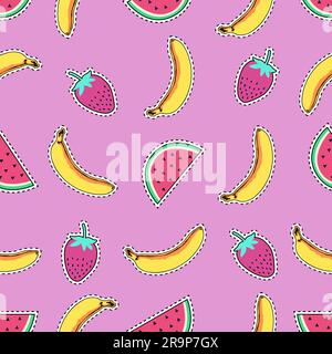 Motivo vettoriale senza cuciture con graziosi stemmi a toppa di frutta: Banana, anguria e fragole. Collezione estiva alla moda di adesivi, spille, toppe in cartoo Illustrazione Vettoriale