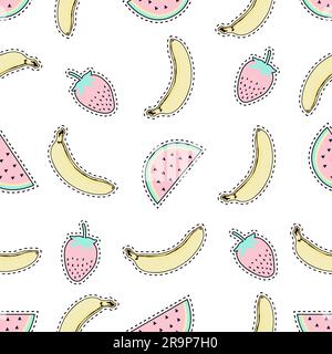 Motivo vettoriale senza cuciture con graziosi stemmi a toppa di frutta: Banana, anguria e fragole. Collezione estiva alla moda di adesivi, spille, toppe in cartoo Illustrazione Vettoriale