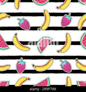 Motivo vettoriale senza cuciture con graziosi stemmi di frutta: Banana, anguria e fragole su sfondo a righe. Collezione estiva di adesivi alla moda, p Illustrazione Vettoriale