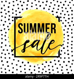 Illustrazione vettoriale con pennello giallo con "Summer sale" con cornice nera. Sfondo acrilico acquerello su motivi senza cuciture con punti. Illustrazione Vettoriale