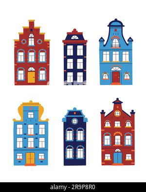 Serie vettoriale di case tradizionali minimaliste. Collezione vettoriale di facciate multicolore di vecchi edifici su sfondo bianco isolato in scandinavia Illustrazione Vettoriale