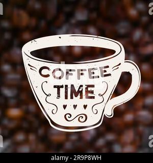 Illustrazione Vector Coffee Time su sfondo sfocato non a fuoco con chicchi di caffè. Tazza alla moda con scritta Illustrazione Vettoriale